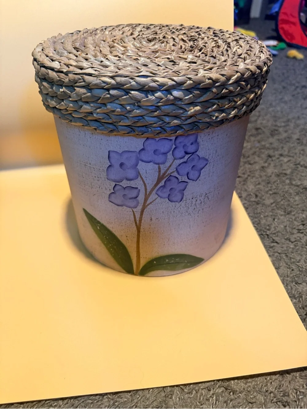 Hand-Painted Floral  Canisters with Woven Seagrass Lids - Cream